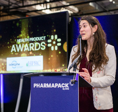 Female pharma professional on stage at Pharmapack awards